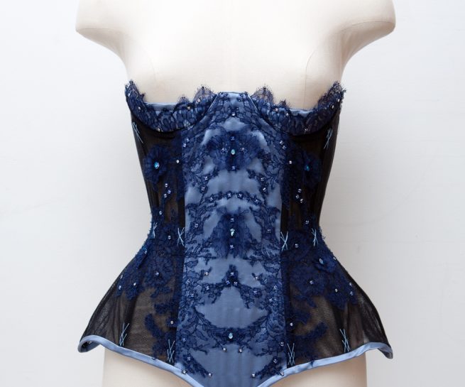 Wedgewood Blue Silk & Bobbinet Tulle Quarter Cup Custom Corset by Karolina Laskowska